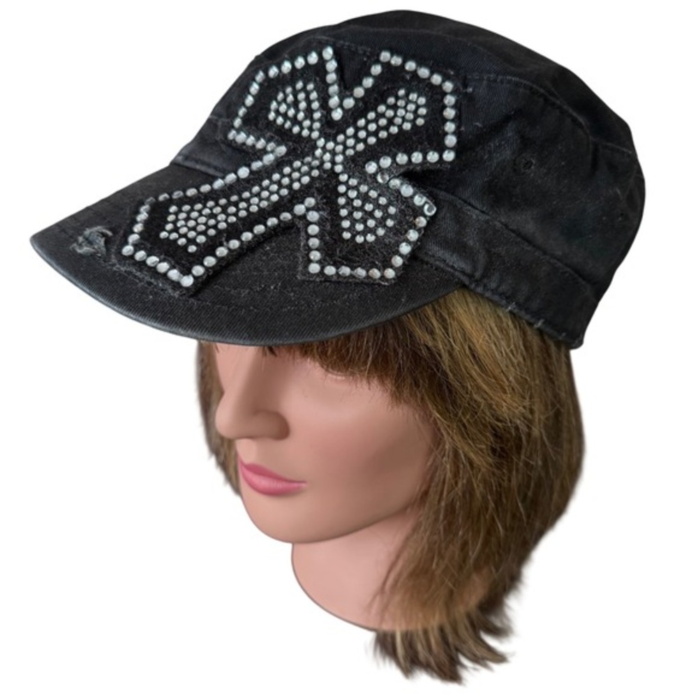 Vintage y2k Black distressed bling cross baseball cap Y2k Baddie street‎ wear
